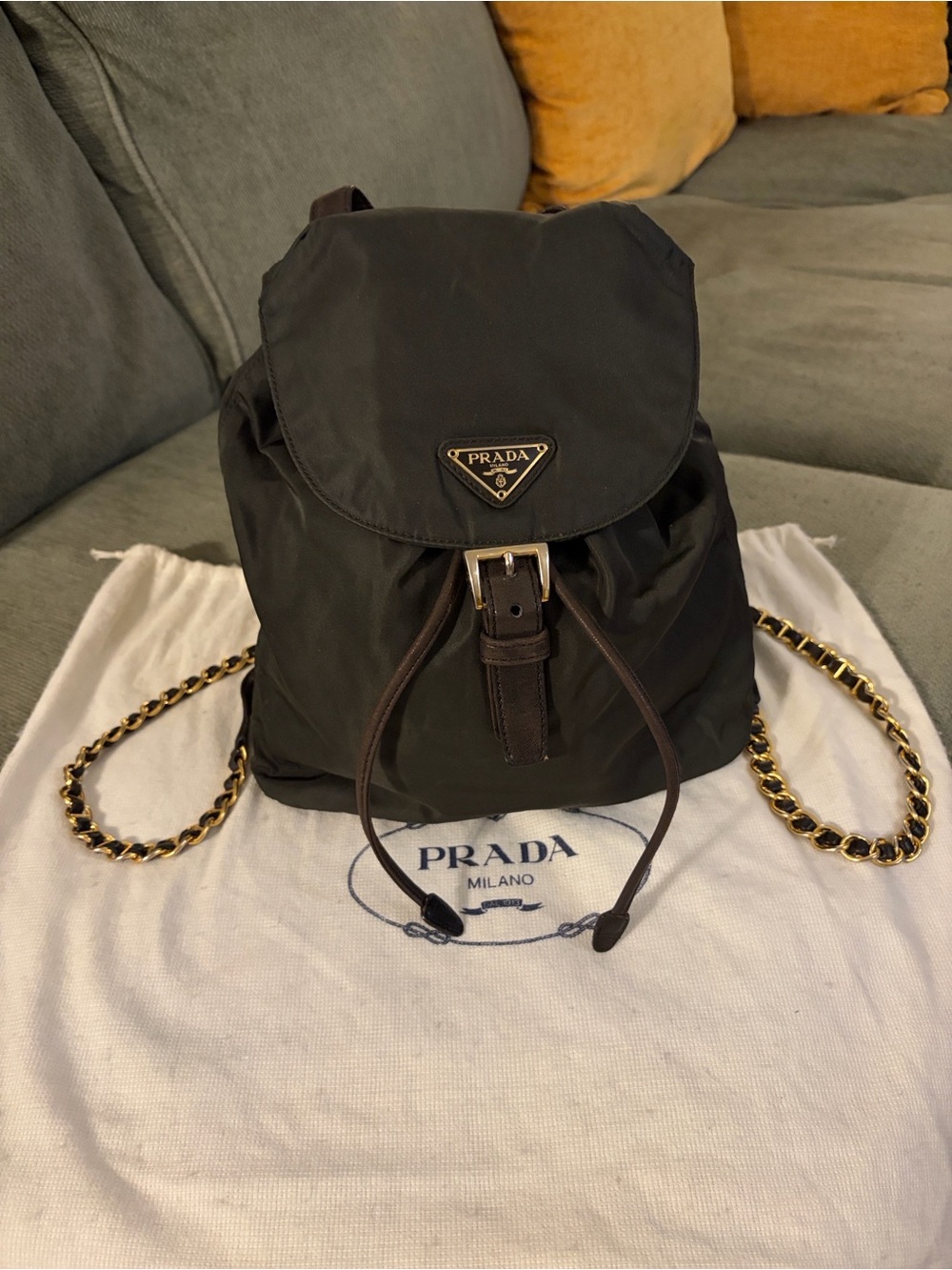 Rare Vintage Prada Chocolate Brown Tessuto Velo backpack with Gold Chain Straps